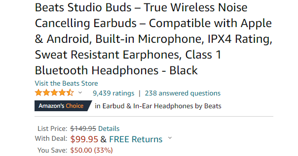 Beats Studio Buds 真无线入耳式降噪耳机特价$99.95