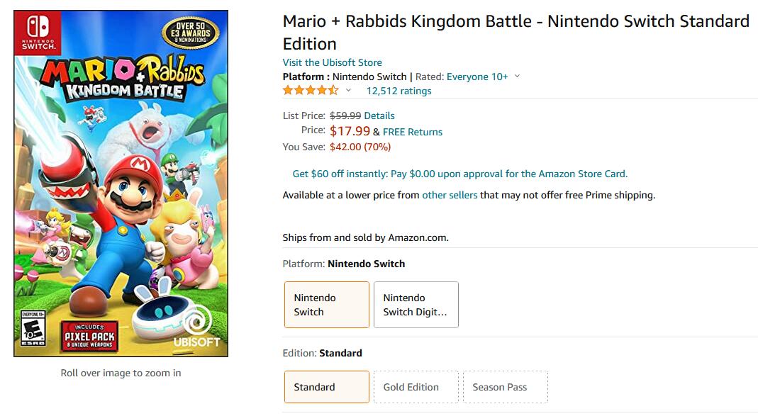 《马里奥+疯兔：王国之战》Nintendo Switch实体版3折$17.99