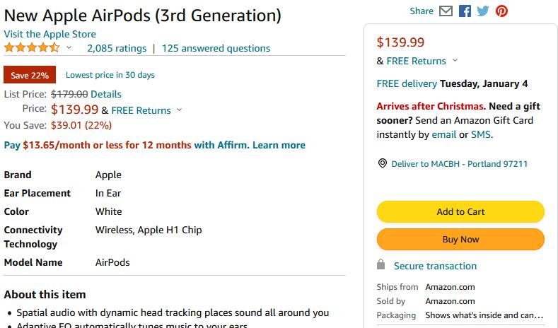 好价！Apple AirPods 3 新一代真无线耳机降至78折价$139.99