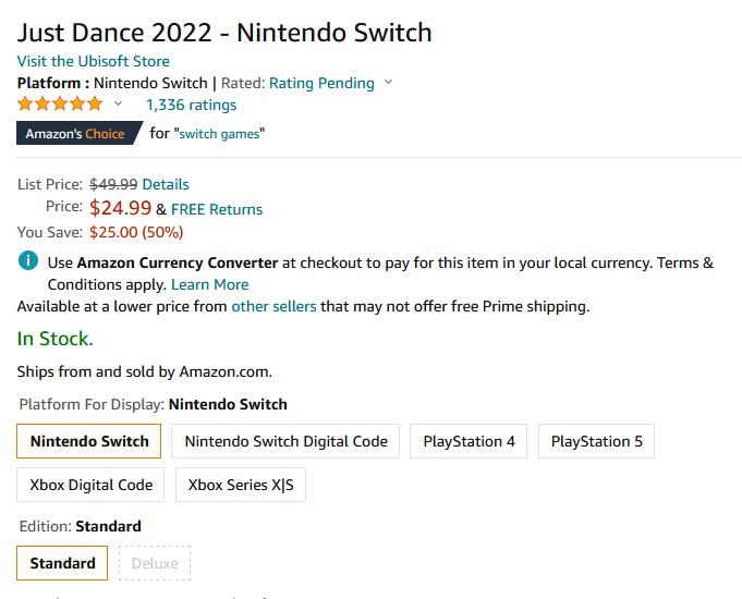 《舞力全开 2022》Switch 实体版 游戏卡带降至5折$24.99