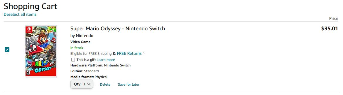 《超级马里奥：奥德赛》Switch 实体版 游戏卡带降至$35.01