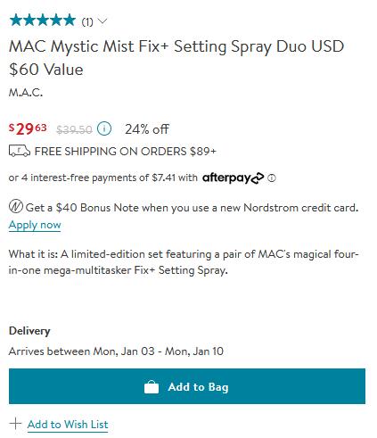 MAC魅可持久定妆喷雾100ml*2(价值$60)降至76折$29.63