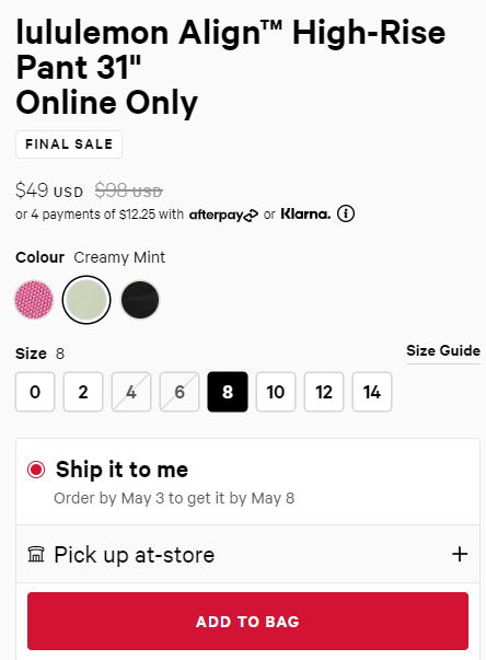 下殺5折丨Lululemon Align 31 奶?薄油?荷綠神褲 5折$49