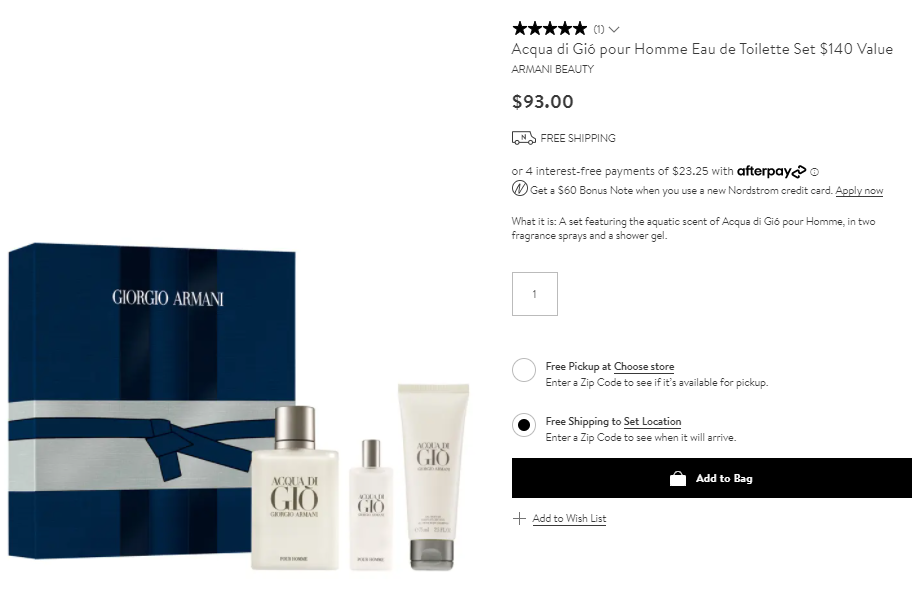 Giorgio Armani阿玛尼Acqua di Giò 男士淡香水套装售价$93