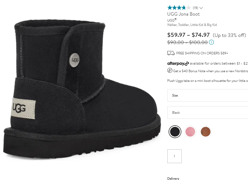  Nordstromrack這款UGG 小童款雪地靴 2色可選，售價(jià)降至$69.97，訂單滿$89美國免郵，目前大童4碼有貨。 