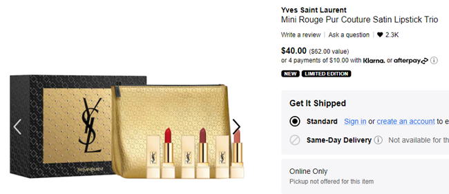 YSL Mini Rouge Pur Couture缎面唇膏套装（价值$62） 售价$40