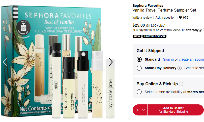 Sephora Favorites Vanillar香水小样套装 员工8折$20，含兑换正装证书