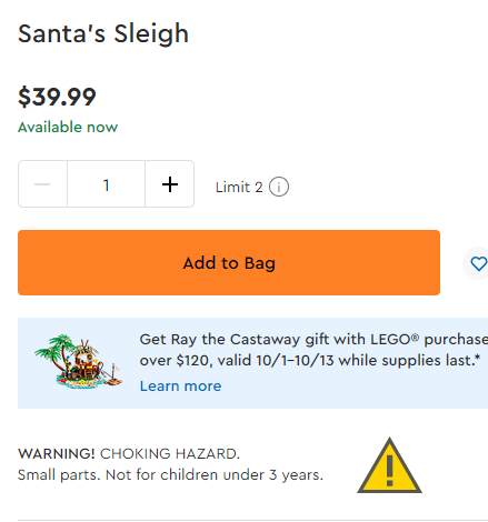 补货！LEGO 圣诞老人的雪橇 40499 售价$39.99
