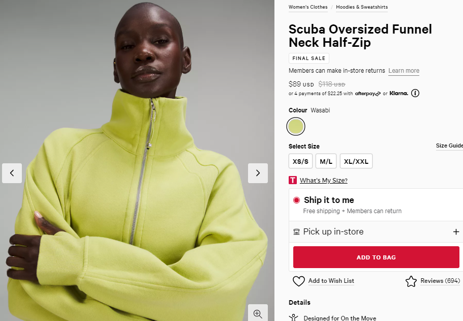 Lululemon Scuba 芥末绿半拉链立领卫衣 75折$89