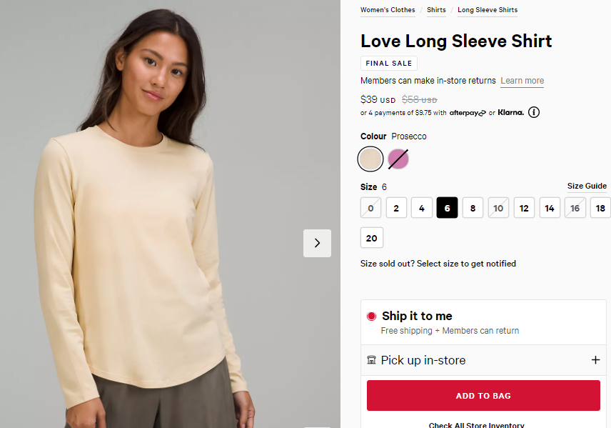 Lululemon Love 长袖衫 折后$39