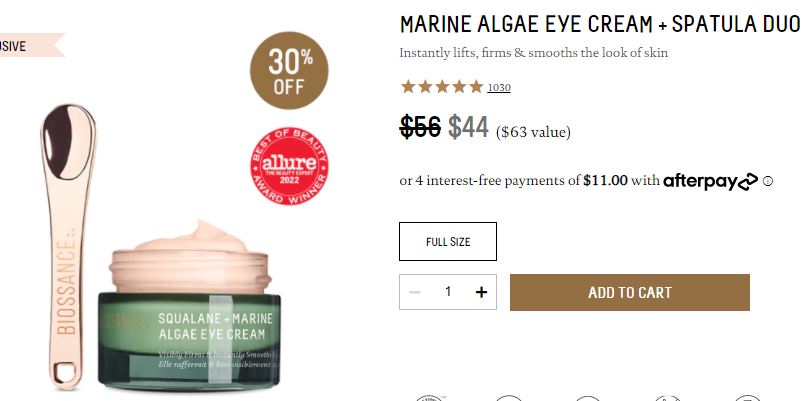 Biossance MARINE ALGAE海藻眼霜+工具套裝 7折$44