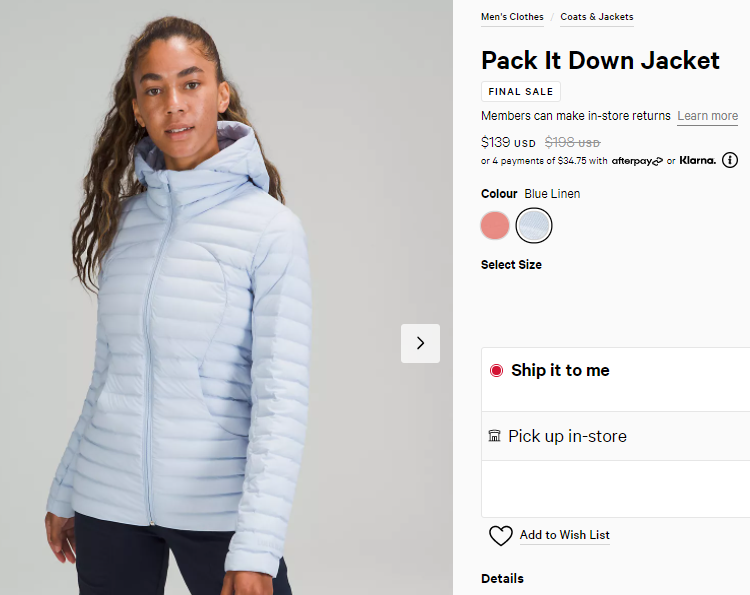 Lululemon Pack It 短款連帽羽絨服 降至$139