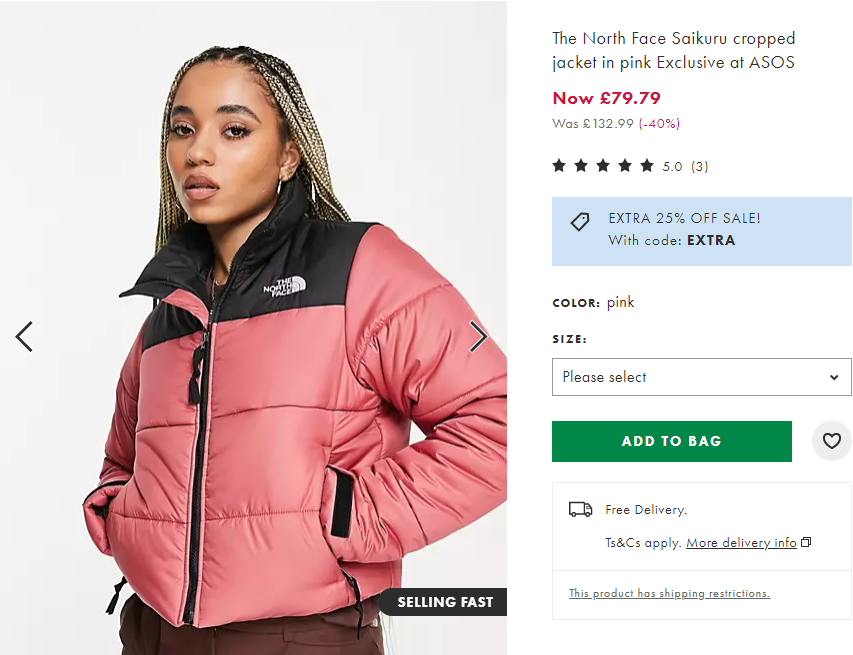 相當(dāng)于$70！The North Face Saikuru 女款羽絨服 折后￡59.84（約510元）