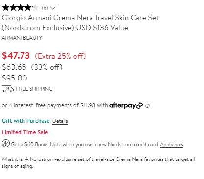 降价！Giorgio Armani Crema Nera 黑曜石旅行护肤套装（价值$136) 5折$47.73