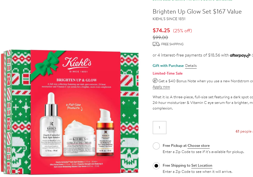 KIEHL'S科颜氏高Brighten Up & Glow护肤3件套（价值$167） 75折$74.25+满赠多重礼