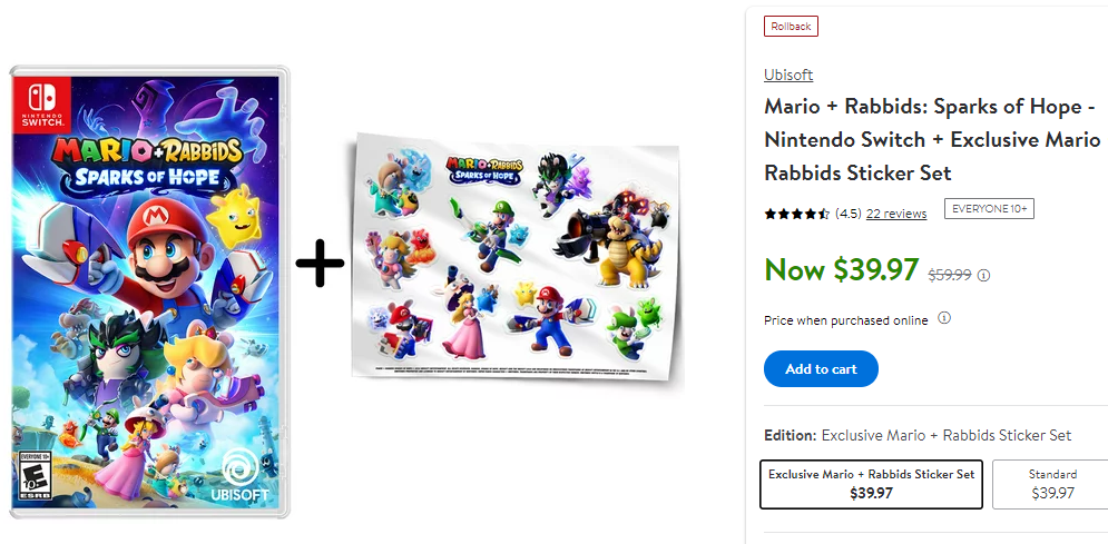 《马力欧疯兔 星耀之愿》Switch 实体版+贴纸套装 降至$39.97