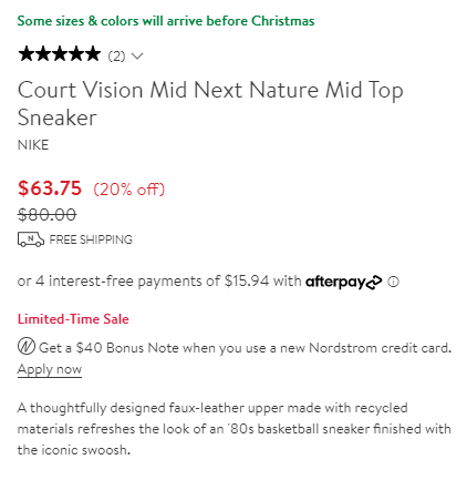 Nike Court Vision Mid Next Nature男士休閑鞋 8折$63.75