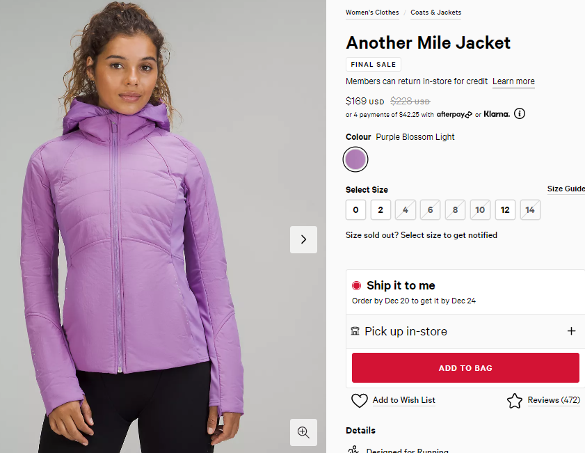 Lululemon Another Mile 女士保暖外套 折后$169