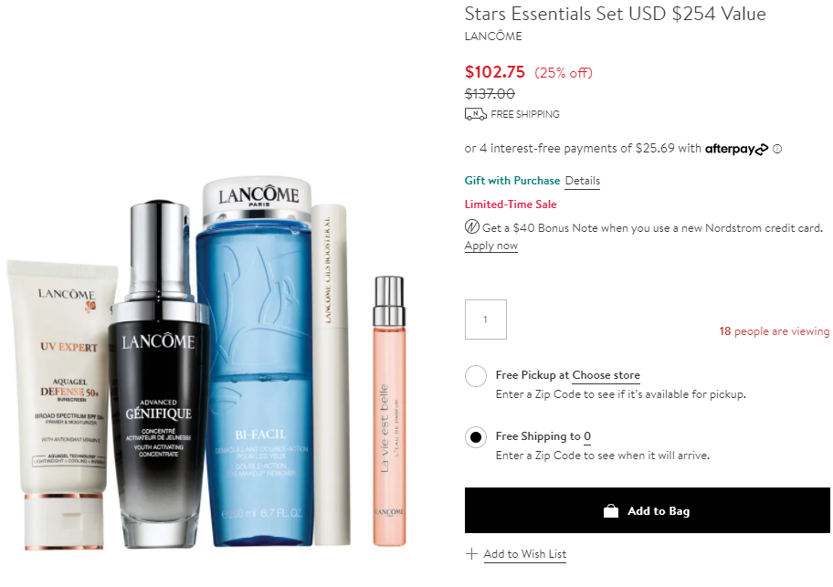 补货！Lancôme兰蔻畅销5件套（价值$254）75折$102.75+满赠小黑瓶