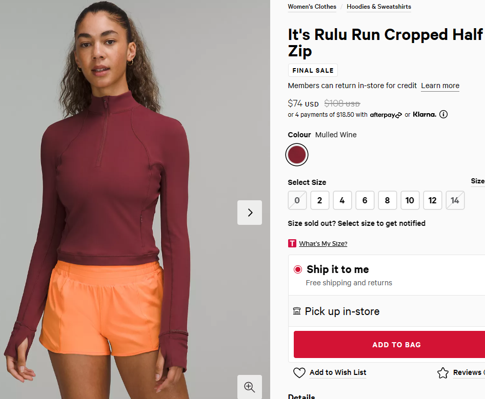 Lululemon It’s Rulu 修身半拉鏈衛(wèi)衣 折后$74