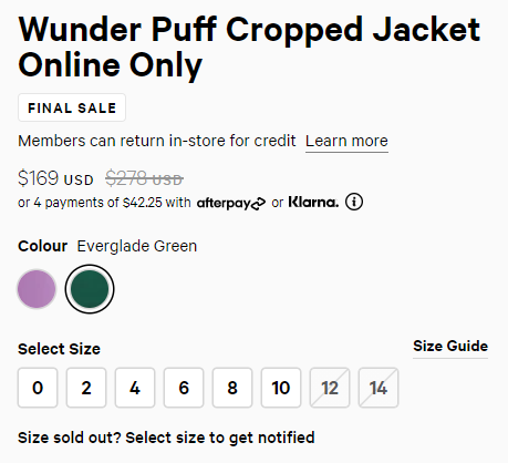 Lululemon Wunder Puff 4格沼澤綠羽絨服 6折$169