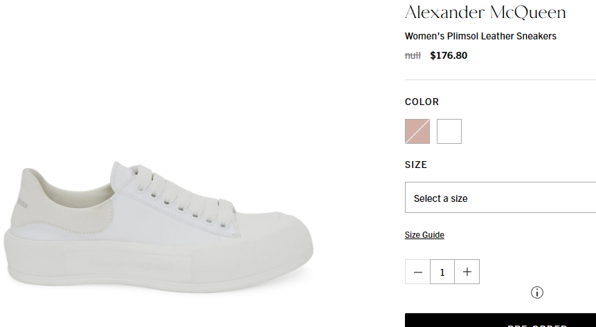 Saks Fifth Avenue 这款Alexander McQueen Plimsol 女士小白鞋，折后$176.8，美境免邮，女士38.5有货；