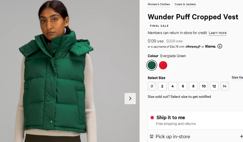 Lululemon Wunder Puff 沼澤綠羽絨馬甲 6折$139