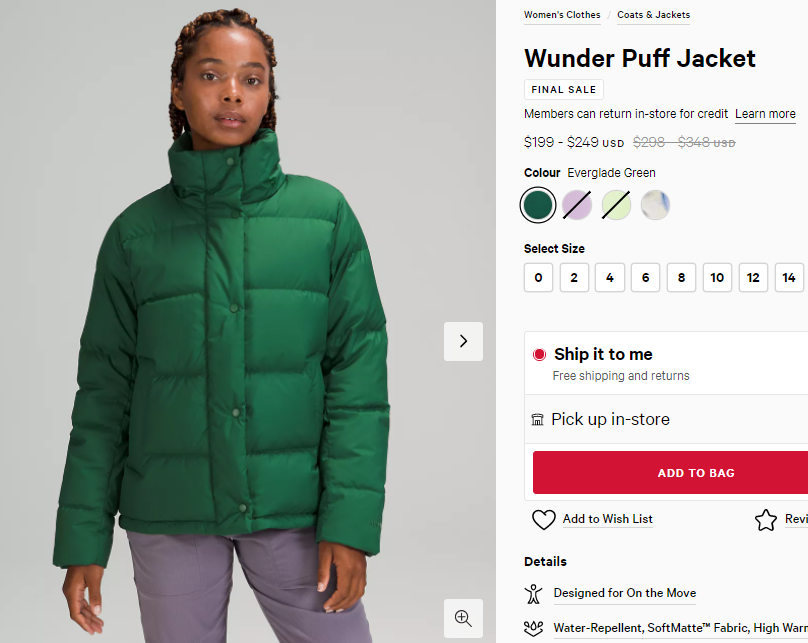 Lululemon Wunder Puff 5格沼泽绿羽绒服 66折$199