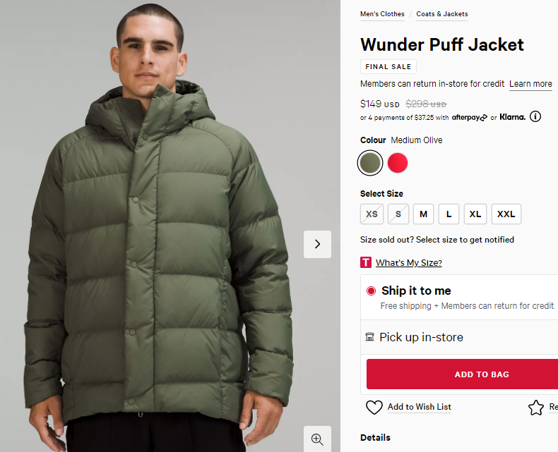 补货！Lululemon Wunder Puff 男士羽绒服 5折$149