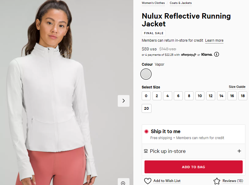 Lululemon Nulux Reflective外套 蒸汽白 6折$89