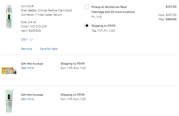 Nordstrom同步指定Clinique面霜、精華立減$15促銷套裝也參加