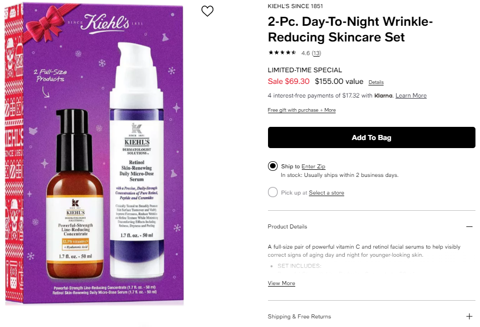 KIEHL'S科顏氏Day to Night 抗皺套裝（價(jià)值$155） 7折$69.3，滿贈三重禮