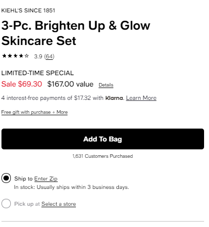 降价！KIEHL'S科颜氏高Brighten Up & Glow护肤3件套（价值$167） 7折$69.3，满赠三重礼