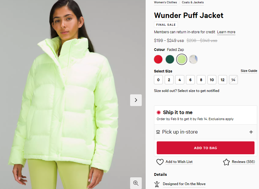 新增褪色綠！Lululemon Wunder Puff 5格沼澤綠羽絨服 66折$199