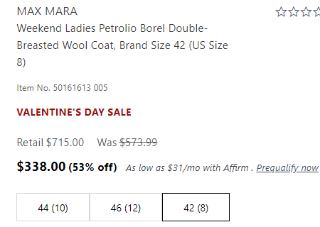 MAX MARA 双排扣羊毛外套 47折$338