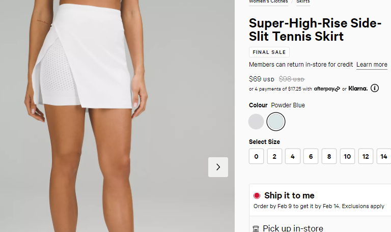 Lululemon 高腰侧缝网球裙 7折$69