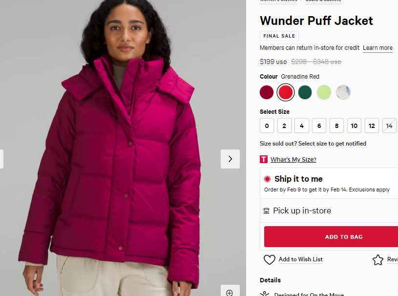 Lululemon Wunder Puff 5格石榴红羽绒服 66折$199