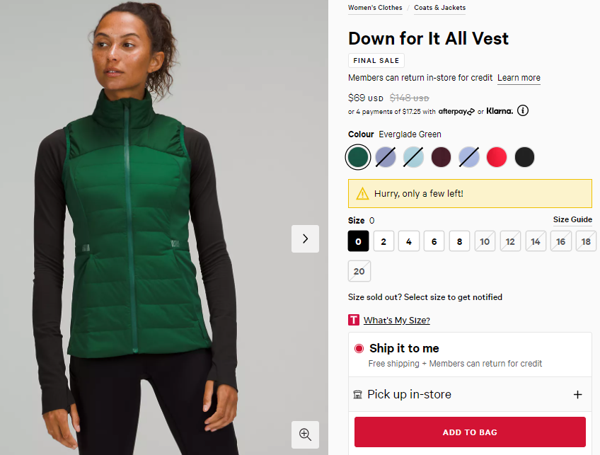 史低價(jià)！Lululemon Down for It 沼澤綠羽絨背心 折后$69