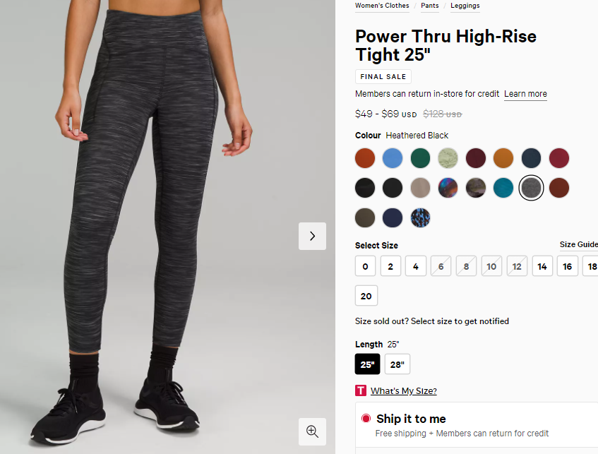 Lululemon Power Thru 25″女士高腰瑜伽裤 混色黑 38折$49