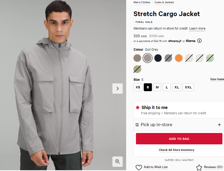 Lululemon Stretch Cargo男款夾克 多色 折后$99，小尺碼補貨，妹子快上