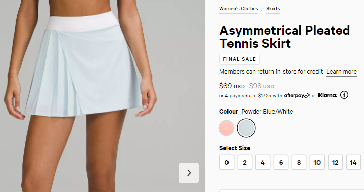 新品打折！Lululemon Asymmetrical 网球裙 两色 7折$69